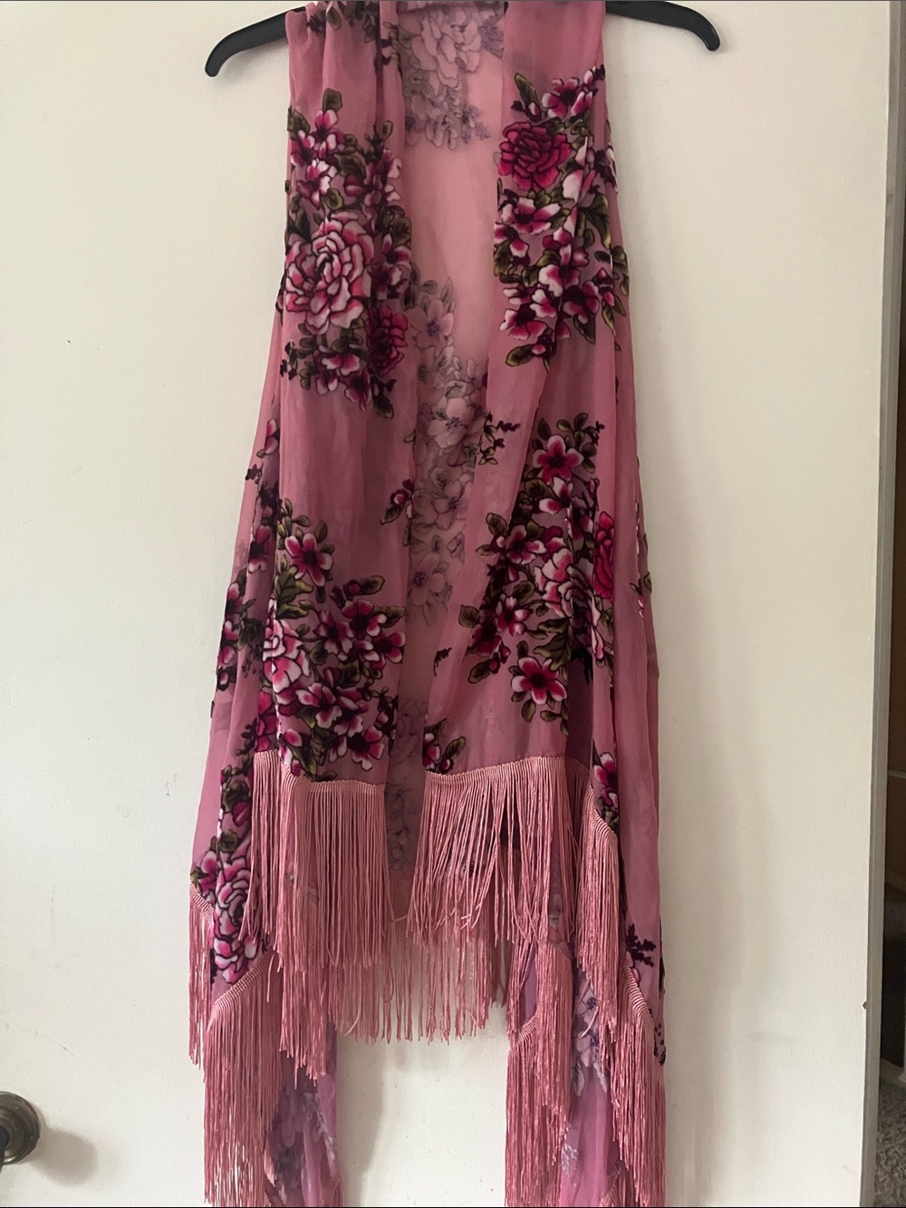 Floral Fringe Pink Sheer Scarf Wrap